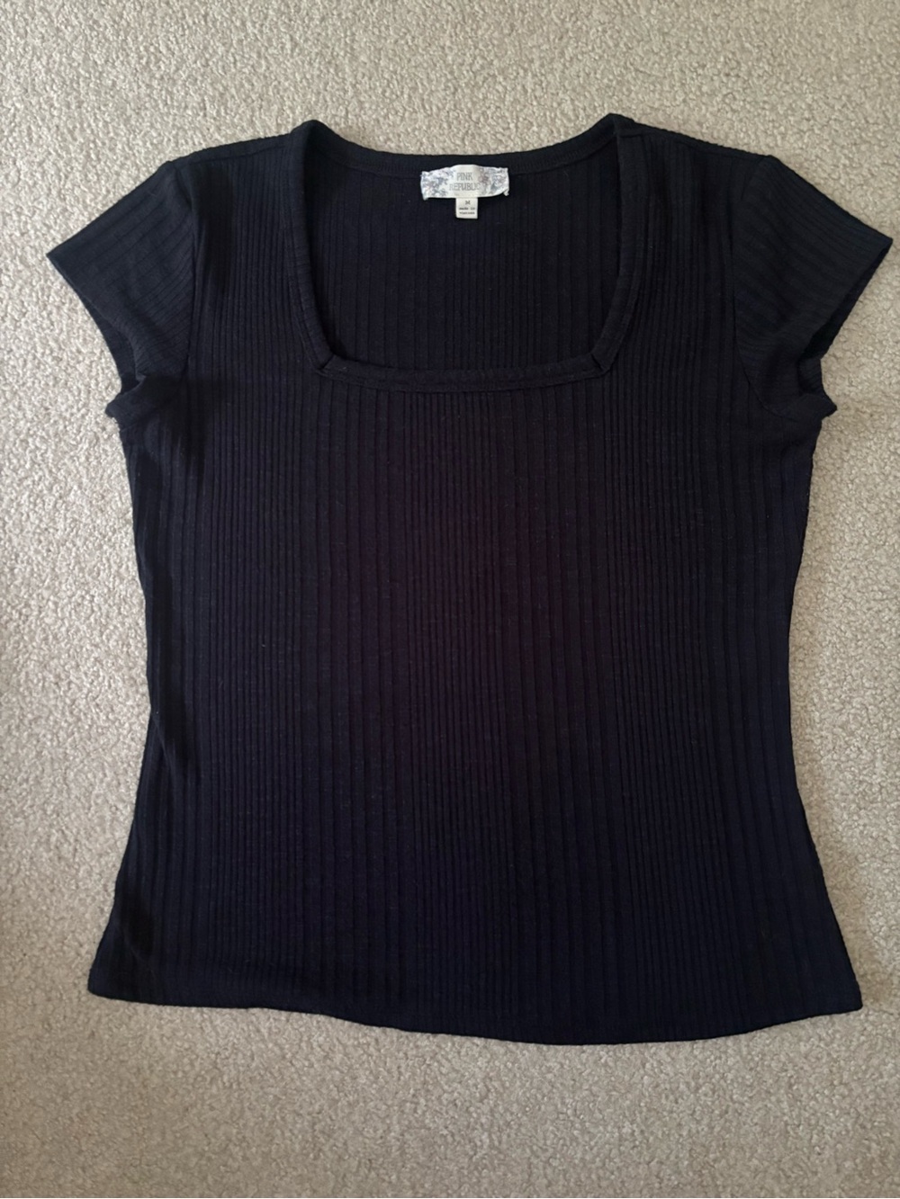 Pink Republic Black Ribbed Square Neck Short Sleeve Tee